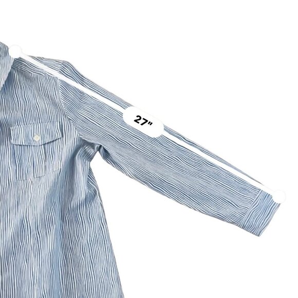 Chicos Button Up Shirt Cotton Blend Womens Sz 1 Blue Coastal Preppy Stripe Chic - Picture 8 of 9